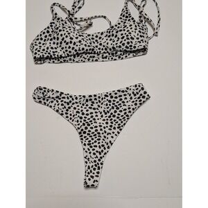 ZAFUL Dalmatian Print Bikini Set Black White High Cut Thong Swimsuit Womens S 4